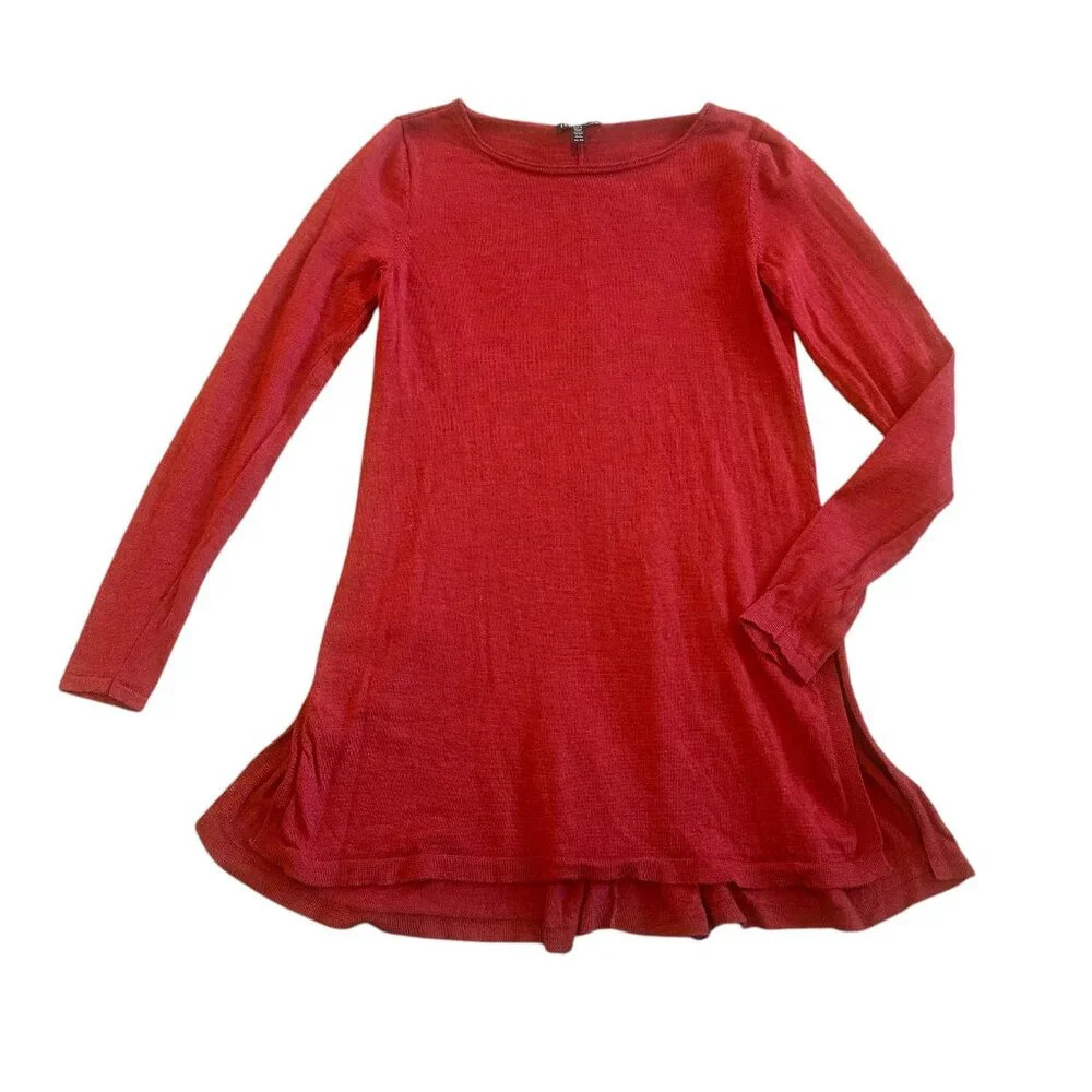 Eileen Fisher Red Orange Pullover Sweater Long Length Merino Wool Size XS Womens